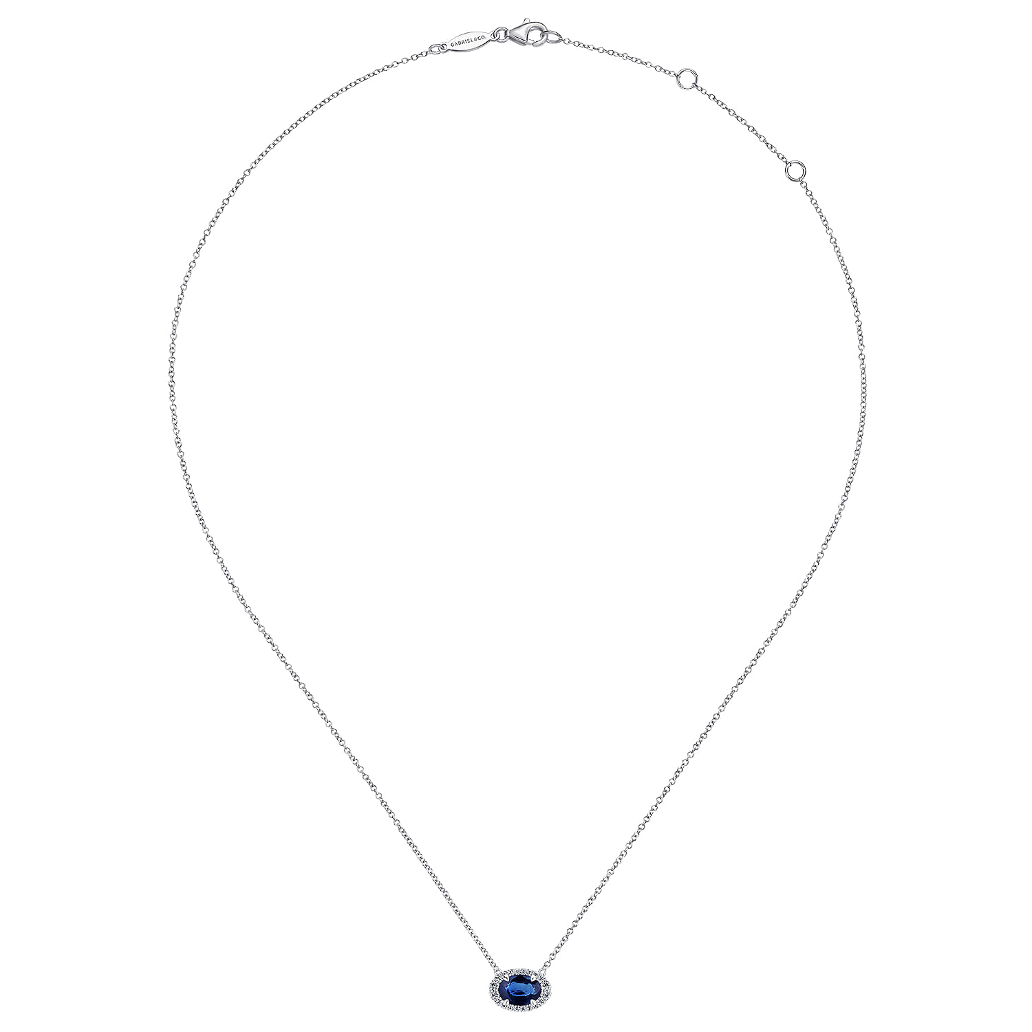 14K White Gold Oval Sapphire and Diamond Halo Pendant Necklace