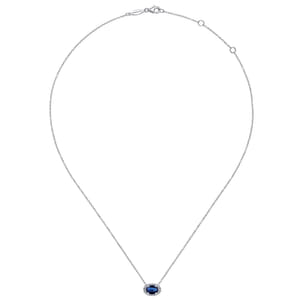 14K White Gold Oval Sapphire and Diamond Halo Pendant Necklace