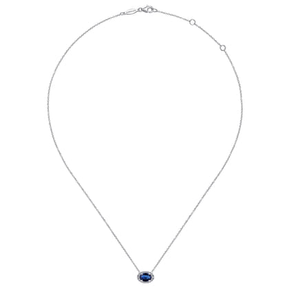 14K White Gold Oval Sapphire and Diamond Halo Pendant Necklace