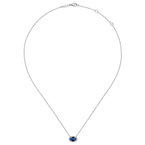 14K White Gold Oval Sapphire and Diamond Halo Pendant Necklace - 0.12 ct - Shot 2