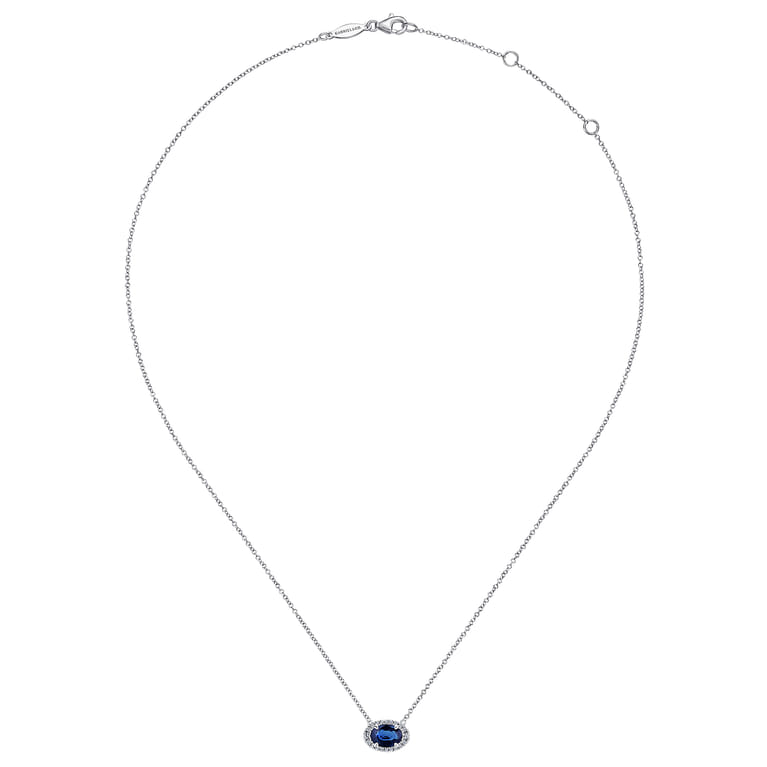 14K White Gold Oval Sapphire and Diamond Halo Pendant Necklace - 0.12 ct - Shot 2