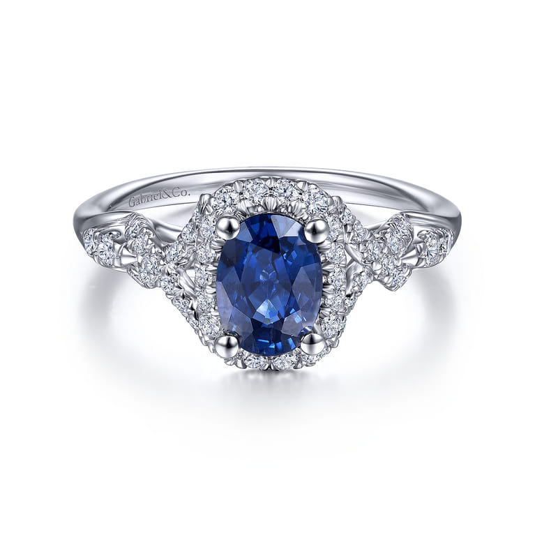 14K White Gold Oval Sapphire and Diamond Halo Ring - 0.33 ct - Shot 1
