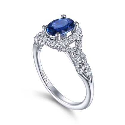 14K White Gold Oval Sapphire and Diamond Halo Ring