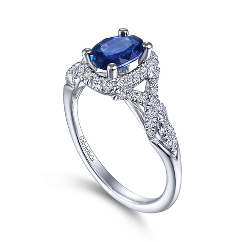 14K White Gold Oval Sapphire and Diamond Halo Ring - 0.33 ct - Shot 3