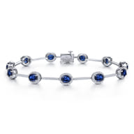 14K White Gold Oval Sapphire and Diamond Halo Station Tennis Bracelet