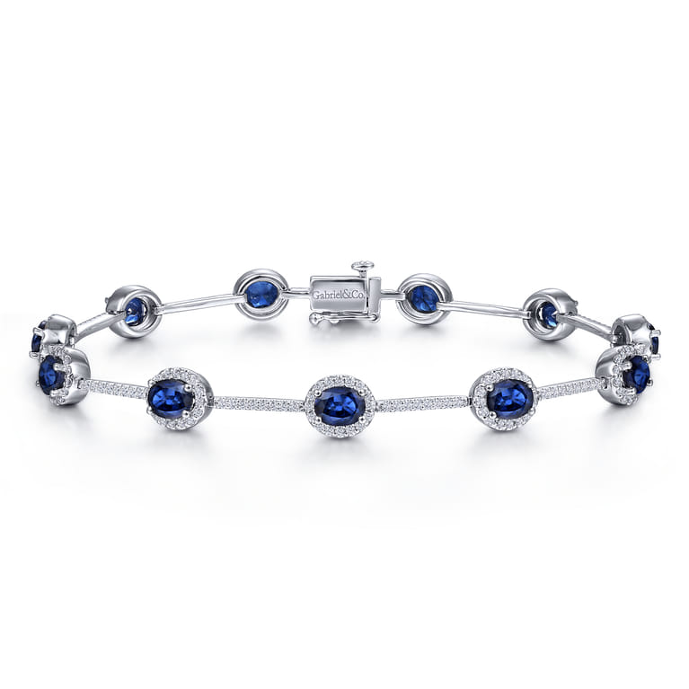 14K White Gold Oval Sapphire and Diamond Halo Station Tennis Bracelet - 0.76 ct - Shot 1