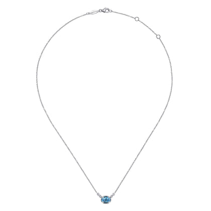 14K White Gold Oval Swiss Blue Topaz Pendant Necklace with Diamond Accents