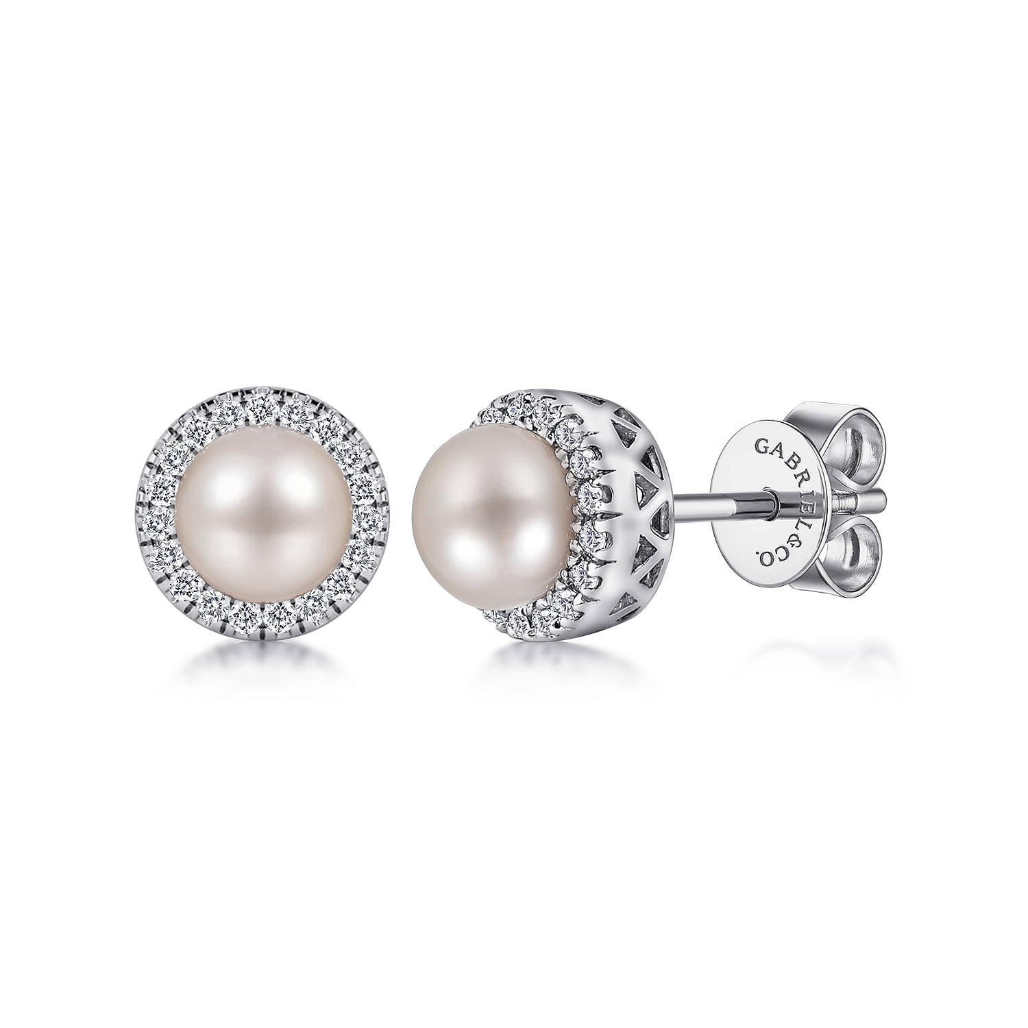 14K White Gold PL- Diamond Halo Stud Earrings - Shot 1