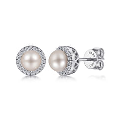 14K White Gold PL- Diamond Halo Stud Earrings