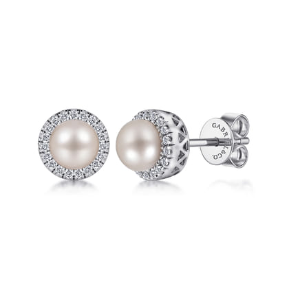 14K White Gold PL- Diamond Halo Stud Earrings