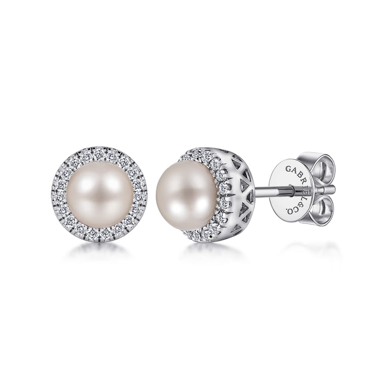 14K White Gold PL- Diamond Halo Stud Earrings - Shot 1