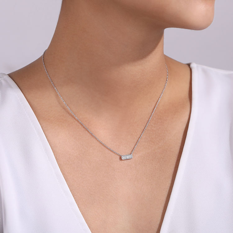 14K White Gold Pave Diamond Bar Necklace