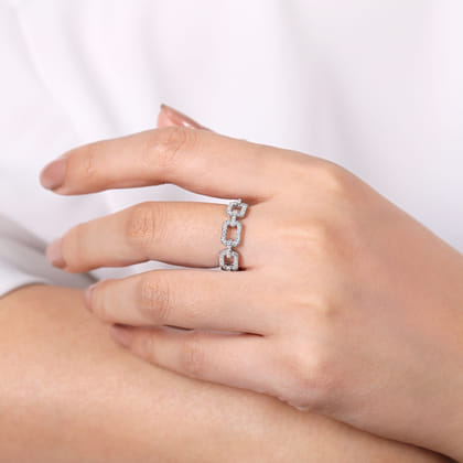 14K White Gold Pave Diamond Chain Link Ring Band