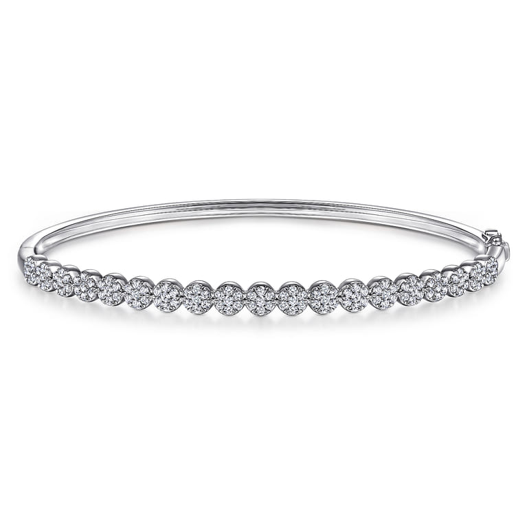 14K White Gold Pave Diamond Cluster Station Bangle - 0.75 ct - Shot 1