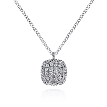 14K White Gold Pave Diamond Cushion Shape Pendant Necklace