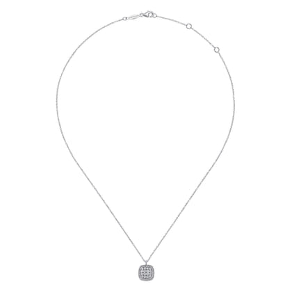 14K White Gold Pave Diamond Cushion Shape Pendant Necklace