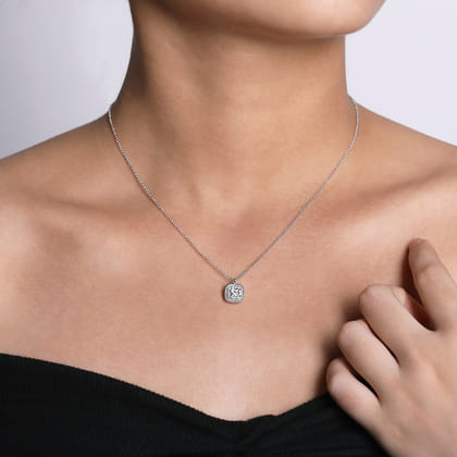 14K White Gold Pave Diamond Cushion Shape Pendant Necklace