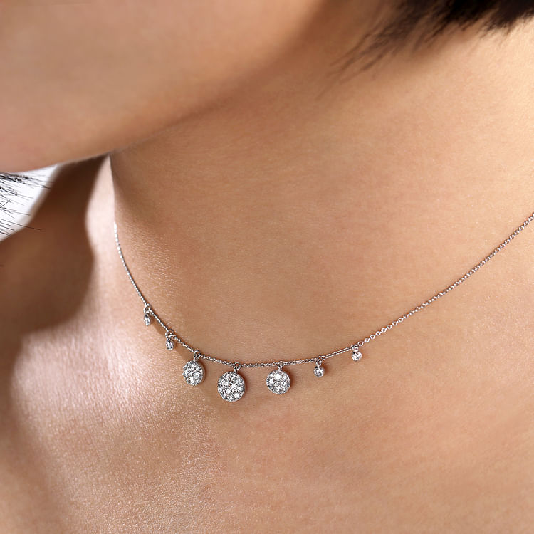 14K White Gold Pave Diamond Disc Drop Necklace