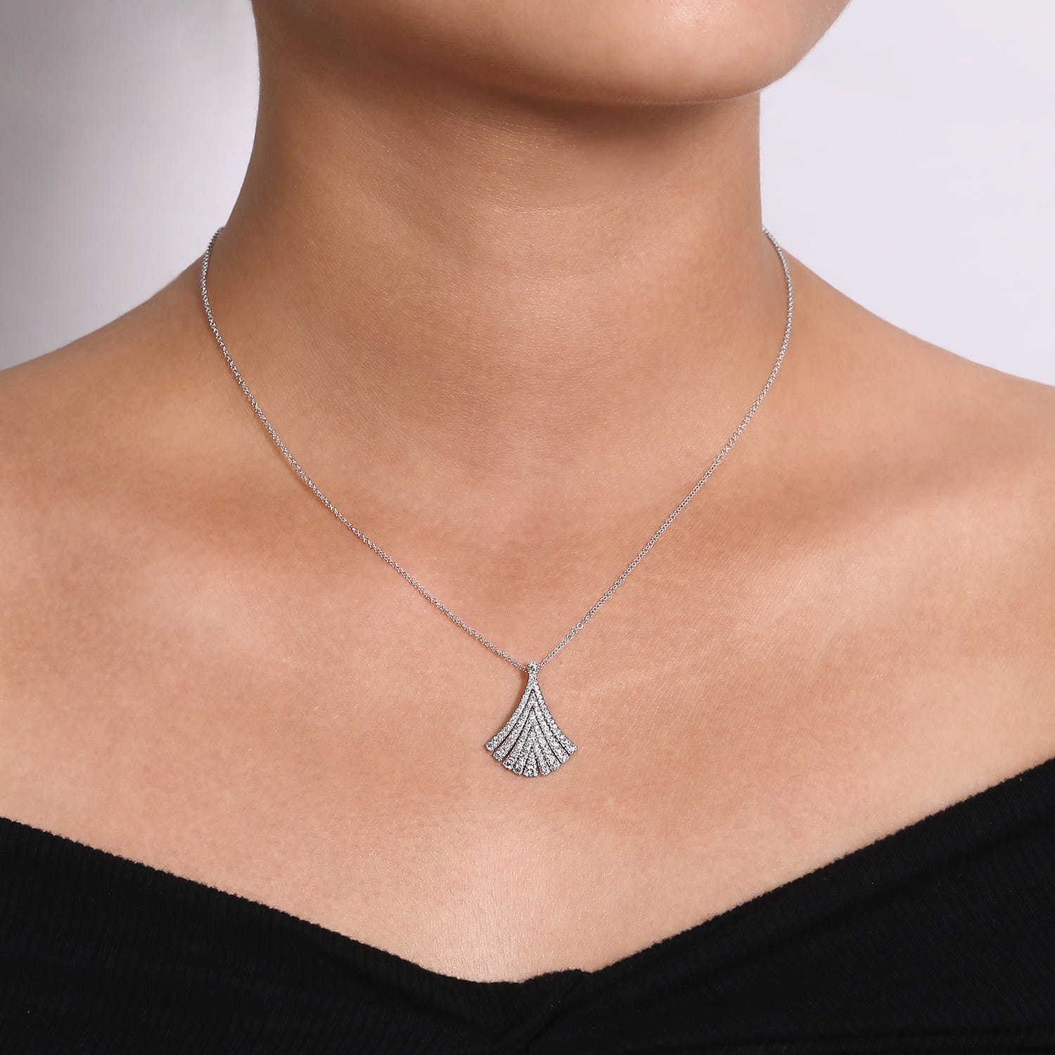 14K White Gold Pave Diamond Fan Pendant Necklace - 0.6 ct - Shot 3