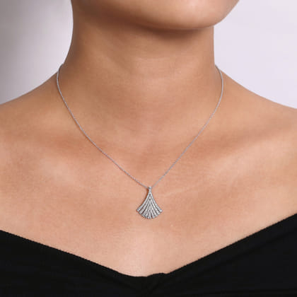 14K White Gold Pave Diamond Fan Pendant Necklace