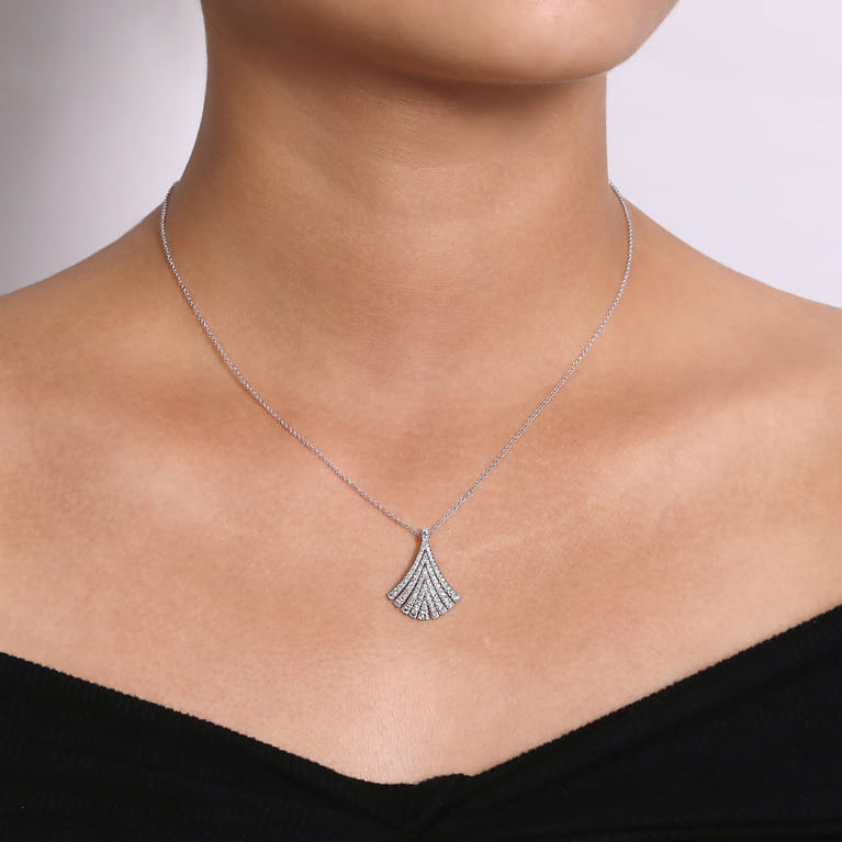 14K White Gold Pave Diamond Fan Pendant Necklace - 0.6 ct - Shot 3
