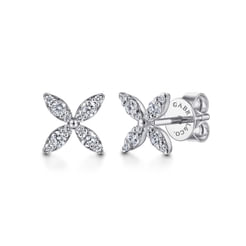 14K White Gold Pave Diamond Flower Stud Earrings