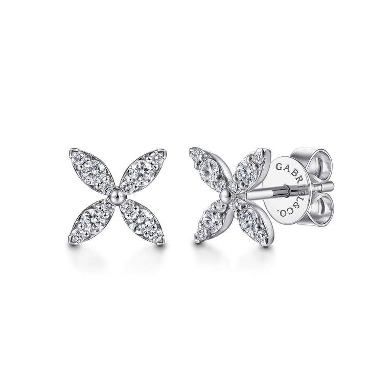 14K White Gold Pave Diamond Flower Stud Earrings - 0.3 ct - Shot 1