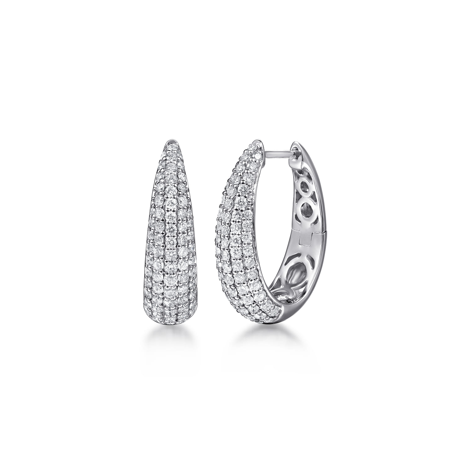 14K White Gold Pave Diamond Graduating Classic Oval Hoop Earrings - 1 ct - Shot 1