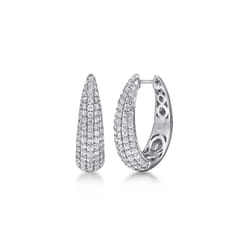 14K White Gold Pave Diamond Graduating Classic Oval Hoop Earrings