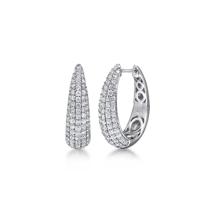 14K White Gold Pave Diamond Graduating Classic Oval Hoop Earrings