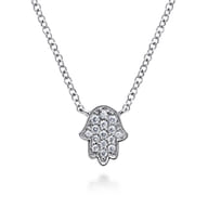 14K White Gold Pave Diamond Hamsa Pendant Necklace