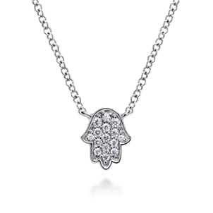 14K White Gold Pave Diamond Hamsa Pendant Necklace