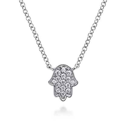 14K White Gold Pave Diamond Hamsa Pendant Necklace