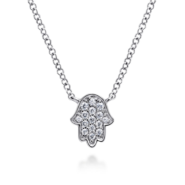 14K White Gold Pave Diamond Hamsa Pendant Necklace - 0.08 ct - Shot 1