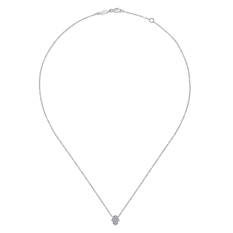 14K White Gold Pave Diamond Hamsa Pendant Necklace - 0.08 ct - Shot 2