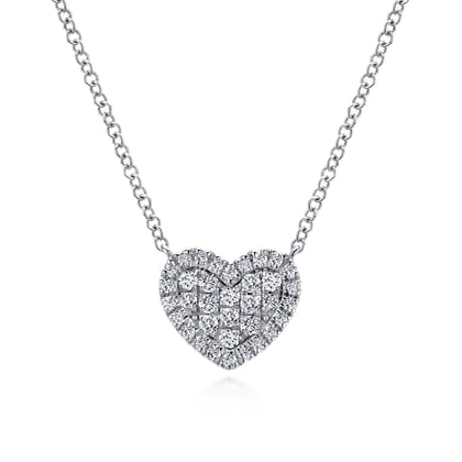 14K White Gold Pave Diamond Heart Pendant Necklace