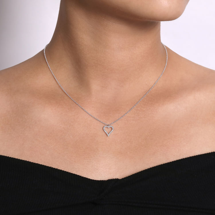14K White Gold Pave Diamond Open Heart Necklace