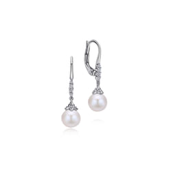14K White Gold Pavé Diamond Pearl Drop Earrings