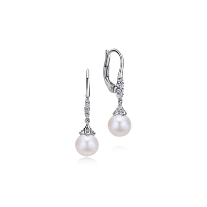 14K White Gold Pave Diamond Pearl Drop Earrings