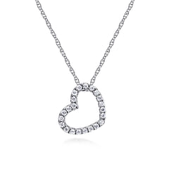 14K White Gold Pave Diamond Sidways Open Heart Pendant Necklace