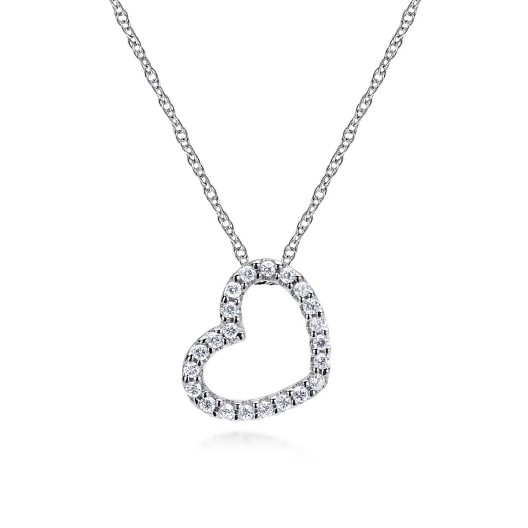 14K White Gold Pave Diamond Sidways Open Heart Pendant Necklace - 0.11 ct - Shot 1
