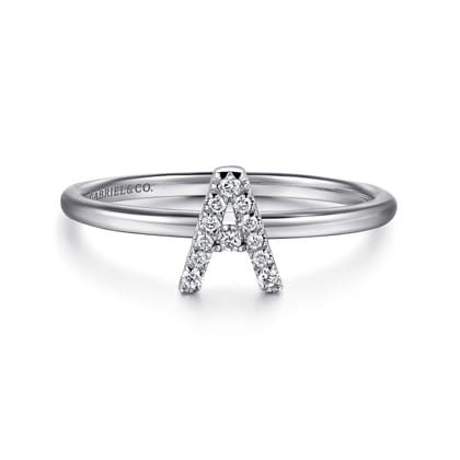 14K White Gold Pave Diamond Uppercase A Initial Ring