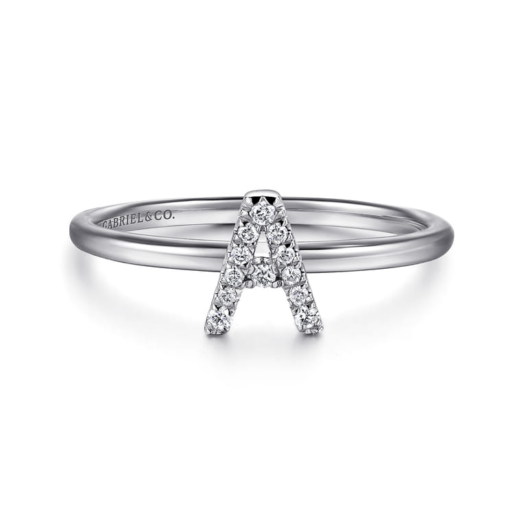 14K White Gold Pave Diamond Uppercase A Initial Ring - 0.06 ct - Shot 1