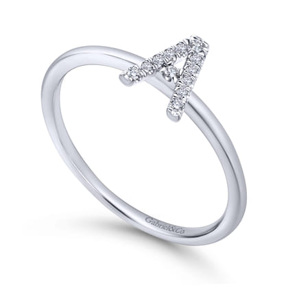 14K White Gold Pave Diamond Uppercase A Initial Ring