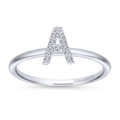 14K White Gold Pave Diamond Uppercase A Initial Ring