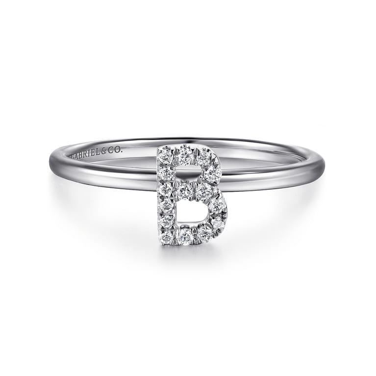 14K White Gold Pave Diamond Uppercase B Initial Ring - 0.08 ct - Shot 1