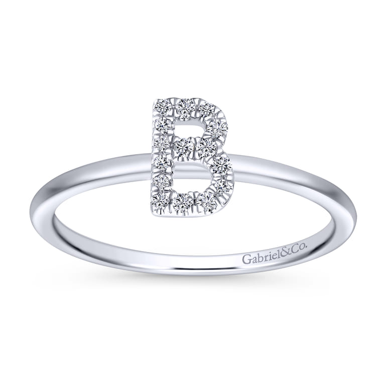 14K White Gold Pave Diamond Uppercase B Initial Ring - 0.08 ct - Shot 4