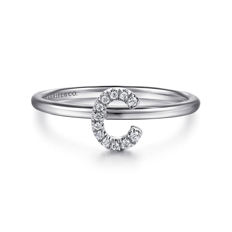 14K White Gold Pave Diamond Uppercase C Initial Ring - 0.05 ct - Shot 1
