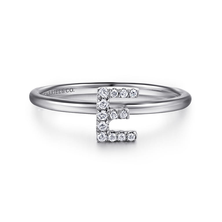 14K White Gold Pave Diamond Uppercase E Initial Ring - 0.06 ct - Shot 1