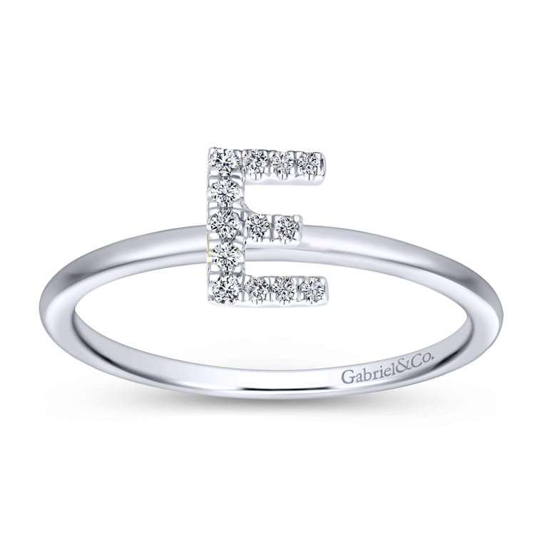 14K White Gold Pave Diamond Uppercase E Initial Ring - 0.06 ct - Shot 4